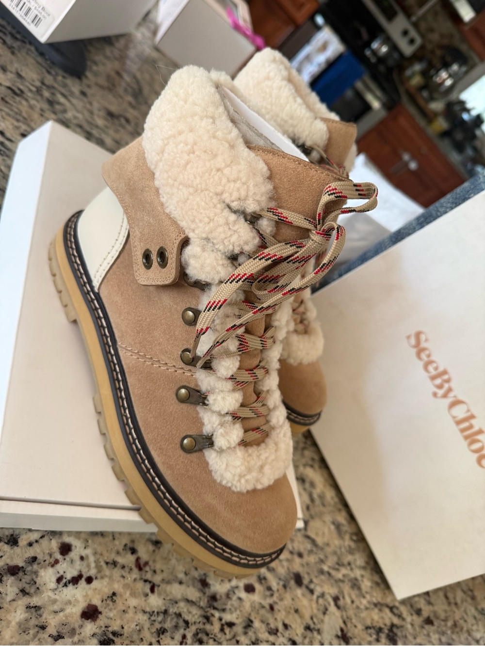 See By Chloé Eileen Tan Suede Lace-Up Sherpa Boots - Picture 3 of 10